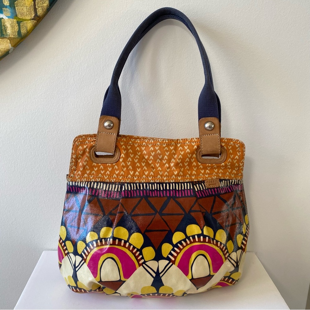 Fossil Key-Per Coated Canvas Hobo Tote Bold Print Pattern Large Shoulder Bag